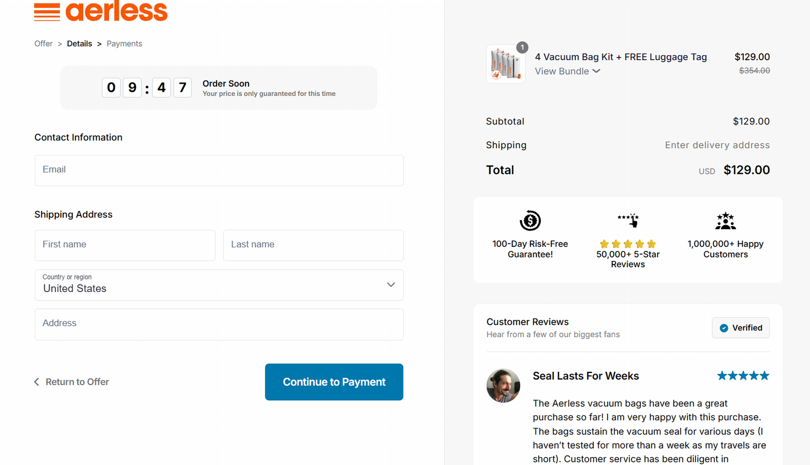 Official Aerless checkout page showing the 4 Vacuum Bag Kit + FREE Luggage Tag order summary