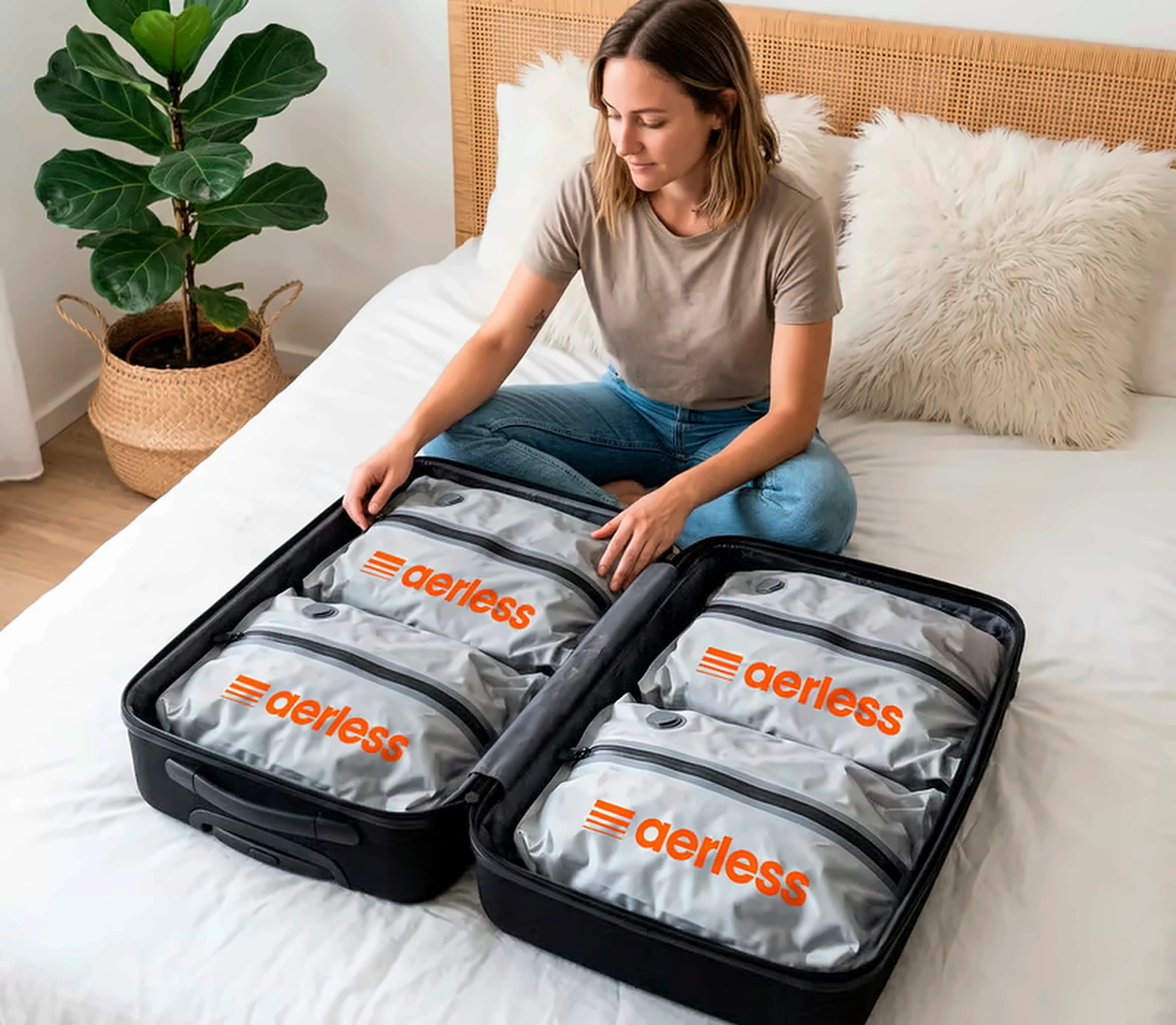 Woman packing Aerless compression bags inside an open suitcase