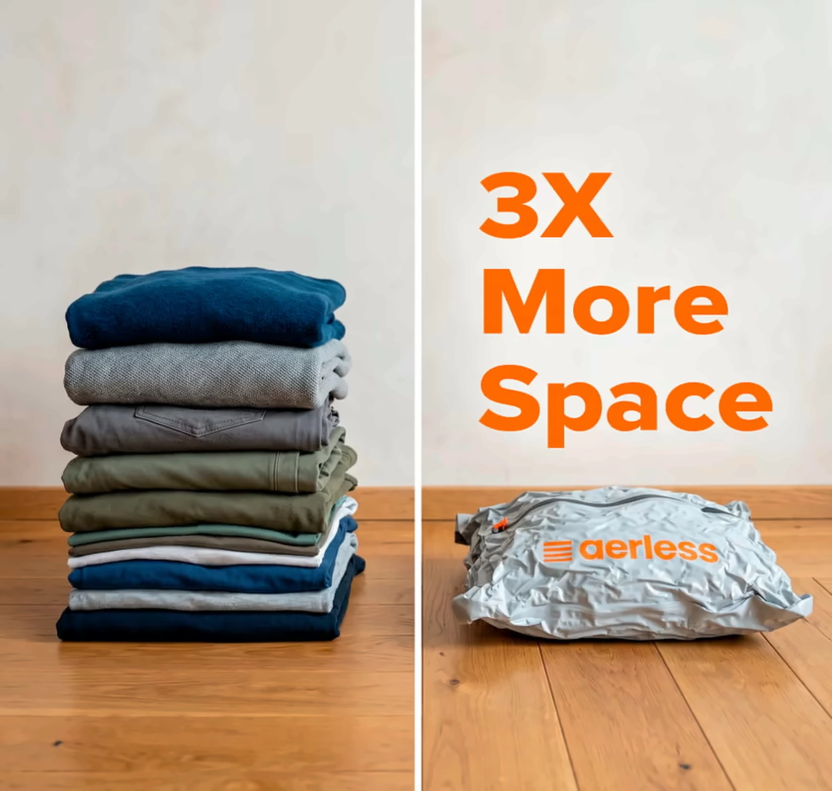 Stack of folded clothes next to the same clothes compressed in an Aerless bag — 3X more space